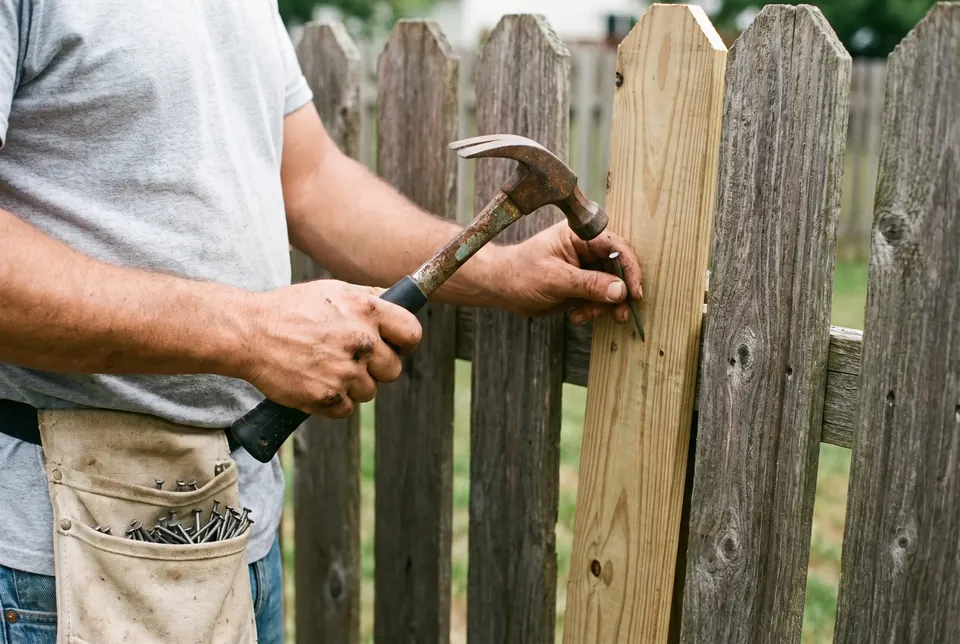 Replacing a wooden fence picket during a fence repair visit