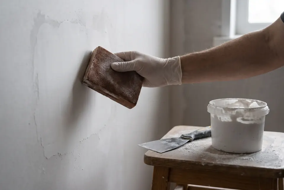 Sanding a freshly patched drywall repair smooth