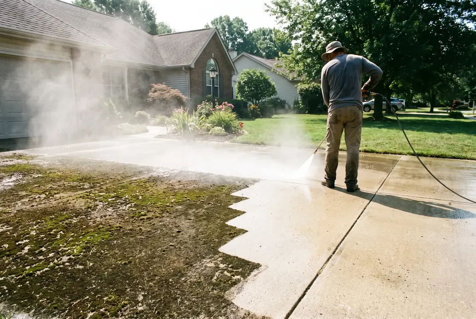 Pressure washing a concrete driveway clean