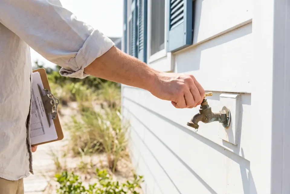 Checking an exterior water spigot for leaks during a scheduled property check