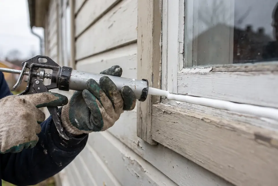 Applying fresh caulk along a window trim as part of property maintenance
