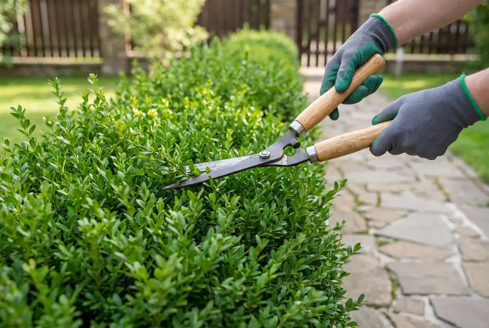 Trimming a garden hedge during a yard cleanup visit